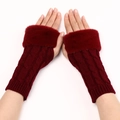 Detail of wine red cable knit fingerless gloves with plush faux fur trim on wrists - One Size / Burgundy