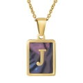 Golden stainless steel letter J necklace with purple shell inlay on rectangular pendant - Colorful Shell J