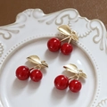 Cute red cherry fruit pendant with gold leaf for DIY jewelry making and earrings - 2# Cherry / Red