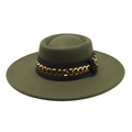 Detailed view of an olive green felt fedora hat with a black band and gold chain decoration - 57-59cm / Army Green