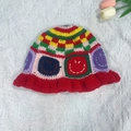 Colorful crochet knit bucket hat with vibrant flower patterns and red ruffled brim finish - M (56-58cm) / Smiley Face with Red Trim