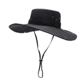 Wide brim black sun hat for outdoor hiking with adjustable windproof chin strap - One Size / Black