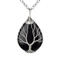 Black obsidian teardrop crystal necklace with silver wire wrapped tree of life pendant - Black Agate Silver