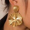 Chic gold pleated shell stud earrings in titanium steel with artistic floral design - Gold Vintage Pleated Fan Earrings (BJGE0739)