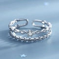 Double-layer lace silver ring with rhombus zircon and hollow flower design for women - Adjustable Open / Platinum