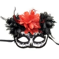 Day of the Dead sugar skull mask with red flowers and black feathers for Halloween parties - Flat Top 3 Flowers Black
