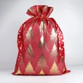 Sachet cadeau de Noël rouge avec motifs de sapins dorés et ruban décoré de flocons de neige - Sapin de Noël Rouge (Ruban) / 50*70CM