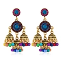 Vintage golden Jhumka earrings with pink accents, blue gems, and colorful bead tassels - Antique Gold Multicolor (Ethic Tassel)