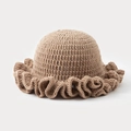 Handmade khaki crochet knit bucket hat with ruffled brim for a minimalist winter look - One Size / Khaki