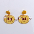 Cartoon pumpkin acrylic dangle earrings in yellow for Halloween costume jewelry - Scissorhands Pumpkin