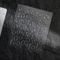 Detail view of 3D liquid metal nail stickers with silver irregular shapes on black background - Foil Stamping