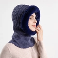 Cappuccio in maglia blu scuro con trecce e bordo in finta pelliccia per il freddo - Blu Notte