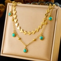 Double-layered gold titanium steel necklace with turquoise star pendants and shell accents - Blue Turquoise Style (N1127)