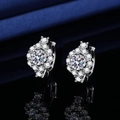 Elegant halo silver stud earrings with a large center stone and pavé diamonds on blue silk - Full Zirconia Sunflower (LED-58)