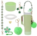 7-piece green accessory set featuring daisy lanyard and straw cover for Stanley cups - 7-Piece Set 11-Green Daisy
