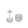 S925 sterling silver stud earrings with 1 carat round moissanite in square halo setting - White (1ct*2)