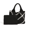 Handwoven black tote bag set with geometric white patterns and small inner pouch - Black and White