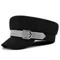 Black baker boy hat with sparkling rhinestone band and silver metallic buckle decoration - M (56-58cm) / Black