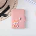Pink PU leather card holder with cute cartoon girl design and snap fastener closure - Little Girl