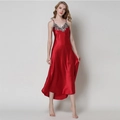 Elegant deep red satin nightgown featuring a V-neckline with delicate floral lace trim - M / Red