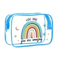 Transparent PVC makeup bag with blue trim and colorful rainbow star prints - 087-Rainbow Stars Blue