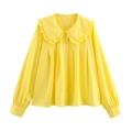 Yellow long sleeve doll collar blouse for women featuring a button-down loose fit - XS / Yellow