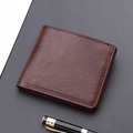 Short dark brown men's bifold leather wallet with lychee texture and business pen - Dark Coffee