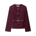 Veste femme en daim bordeaux avec ceinture à boucle dorée assortie vue à plat - XS / Bordeaux