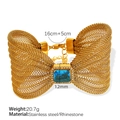 Elegant gold bow mesh bracelet featuring blue gemstone and sparkling rhinestones - Blue Rhinestone Gold Bracelet
