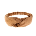 Detail of khaki faux suede headband featuring a twisted knot and elastic textured fabric - Khaki