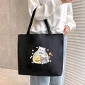 Large capacity black canvas tote bag with cute cartoon cat illustration and wide handles - Cute Cats - Black