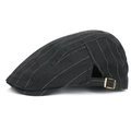 Retro black cotton newsboy cap with gold vertical stripes and adjustable metal buckle - Adjustable / Black