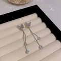 Silver bow tassel drop earrings featuring sparkling rhinestones and delicate long chains - Double Layer Chain Butterfly Rhinestone Tassel (HSLA617 Silver)