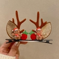 Christmas hair clip featuring brown reindeer antlers and cute bears in festive red hats - 69- Christmas Antler Hair Clip #Waving Bear Pair