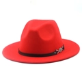 Classic red wool felt fedora hat with black decorative band and silver metallic trim - M (56-58cm) / Orange Red