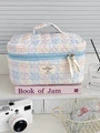 Borsa da trucco trapuntata a scacchi rosa e blu con cuciture a cuore e manico - Quadri Multicolore - [Borsa da Trucco]