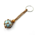 Handmade woven net keychain with round blue cracked stone and brown cord details - Green Turquoise + Brown Mesh Keychain