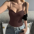Deep brown V-neck bodysuit top styled with light blue jeans in natural outdoor light - S / Brown