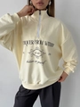 Κρεμ oversized φούτερ με μισό φερμουάρ και vintage μαύρα γράμματα και ριμπ μανσέτες - S / Απαλό Κίτρινο (Λεπτό)