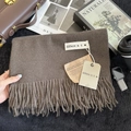 Deep brown cashmere feel scarf with long fringes and brand labels for winter - 200x68cm / Coffee