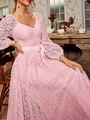 Close-up of pink lace V-neck dress with intricate floral patterns and elegant long sleeves - S / Pink