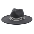 Detail of dark grey wide brim wool fedora hat with black and white striped ribbon band - M (56-58cm) / Dark Gray