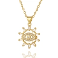 Golden Evil Eye pendant necklace with baguette zircons on a white reflective background - Evil Eye Style (CX-D928)