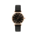 Montre quartz femme avec cadran noir soleil, boîtier or rose et bracelet extensible - Noir