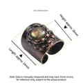 Vintage oxidized copper ring with round labradorite gemstone and beaded detail - Adjustable Open / Vintage Bronze Round Labradorite Wide Band