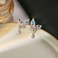 Elegant silver butterfly earrings with colorful zircons and drop-shaped pendant charms - E4540 Silver Colorful Gemstone Butterfly Drop Earrings