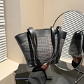 Elegant grey houndstooth canvas bucket bag with black leather handles and red grid lines - Black Style 2 (Grey and Black Plaid)
