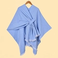 Close-up of light blue knitted shawl showing fringed edges and cross buckle details - White Fringe with Stripe / Light Blue