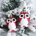 Adornos de búho de Navidad rojos brillantes con purpurina blanca en rama de abeto - Búho de Ojos Grandes / 2 Piezas/Juego