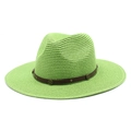 Detail of lime green straw jazz hat featuring a brown leather band with bronze rivets - M (56-58cm) / Grass Green